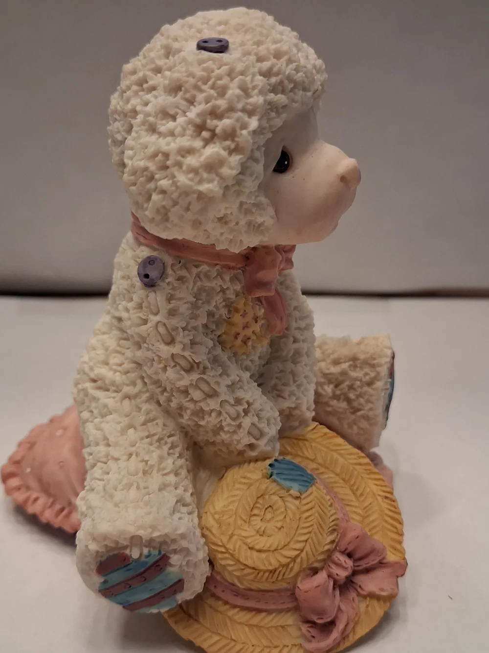 Lamb Figurine with Pink Bow and Yellow Hat - Small Pets Decor (Vintage)
